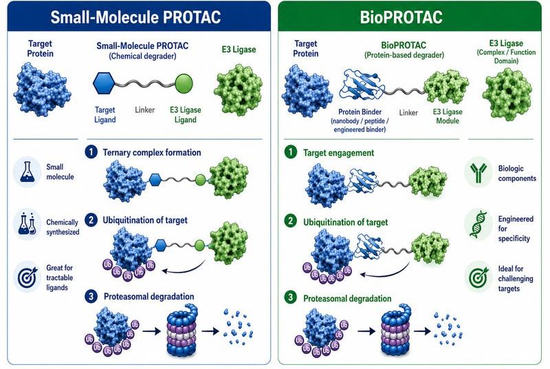 BioPROTAC vs Small-Molecule PROTAC Mechanism